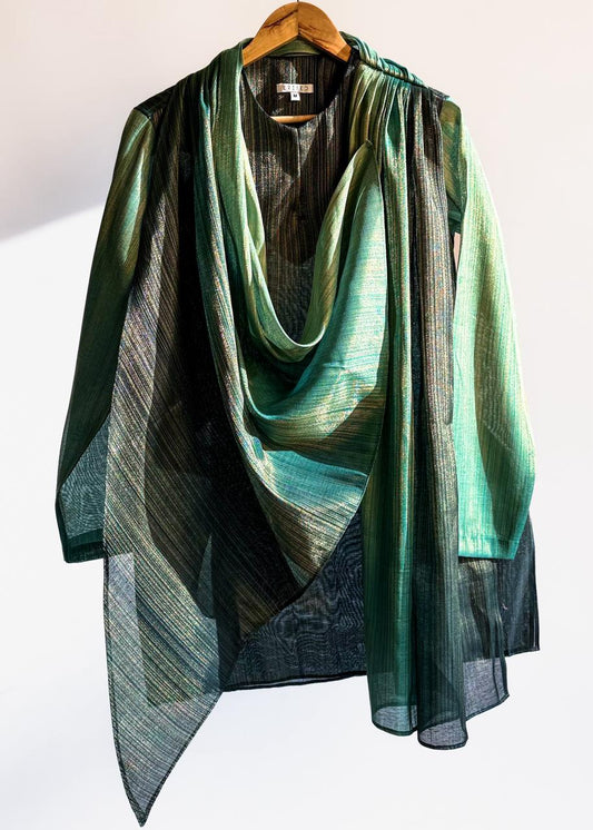 Men’s green drape kurta, thigh length, Juniper Teal with fluid cowl and continuous gold zari lines